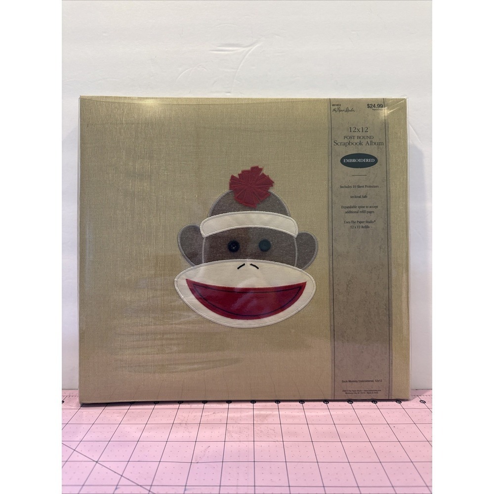Sock Monkey Paper Studio Scrapbook Photo Album 12 x 12 Embroidered Post Bound